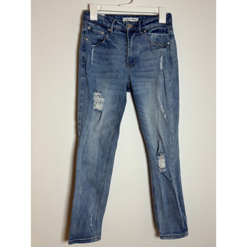 Almost Famous Distressed Skinny Jeans Blue Medium Wash Ripped Denim Size 3